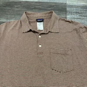Patagonia Tan White Micro Striped Mens XL Organic Cotton Short Sleeve Polo Shirt